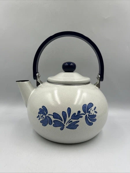 Vintage Pfaltzgraff Yorktowne Porcelain Enamel Tea Kettle with Blue Metal Handle