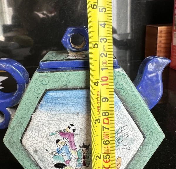 Chinese Enameled Yixing Pottery Teapot With Figures And Seal Mark