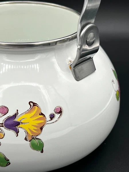 GAILSTYN SUTTON Vintage Enamel Ware Metal Teapot 1983 Floral Foliage II EUC
