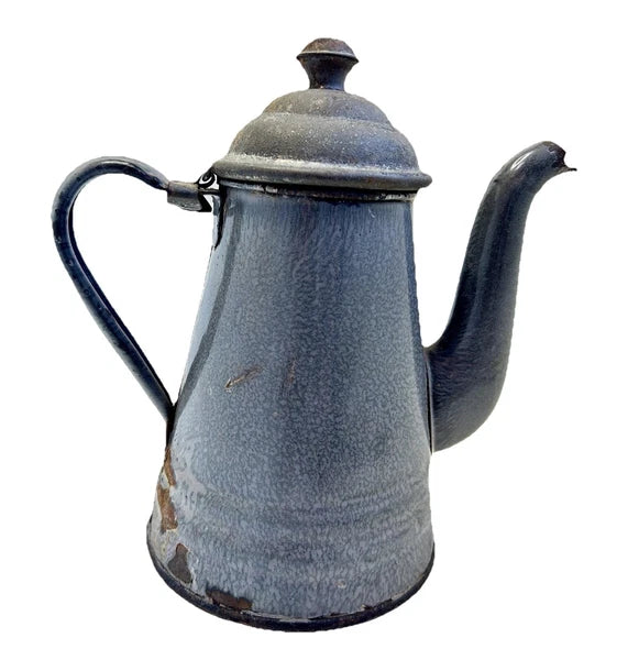 ANTIQUE Grey Enamel Graniteware TEA POT  8 1/2” Tall Goose Neck Spout
