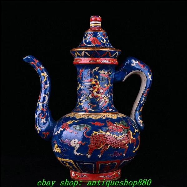 12.6''Ming Xuande Marked Enamel Colour Porcelain Dragon Wine Tea Pot Flagon
