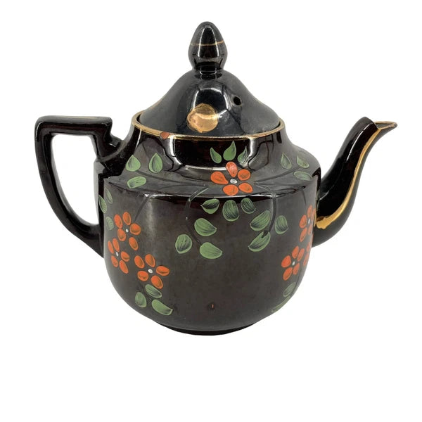 Vintage Hand-Painted Brown Ceramic Teapot Made in England Floral & Gold Accents