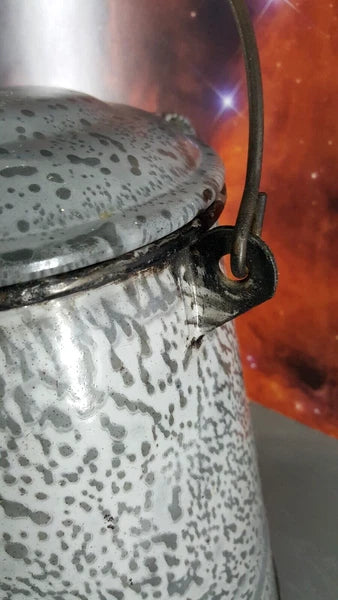 GRAY ENAMELWARE 11" COFFEE POT TEA KETTLE w/LID HANDLE FARMHOUSE CAMPING ANTIQUE