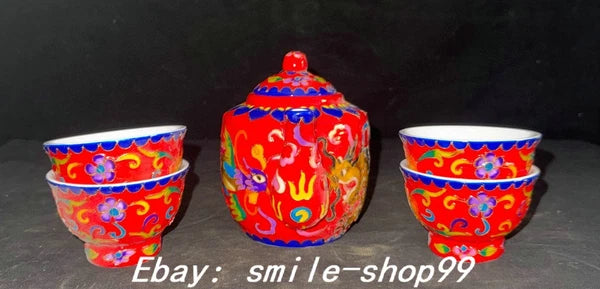 4.5" Qianlong Enamel Colour Porcelain Dragon Phoenix Beast Tea Pot Cup Set