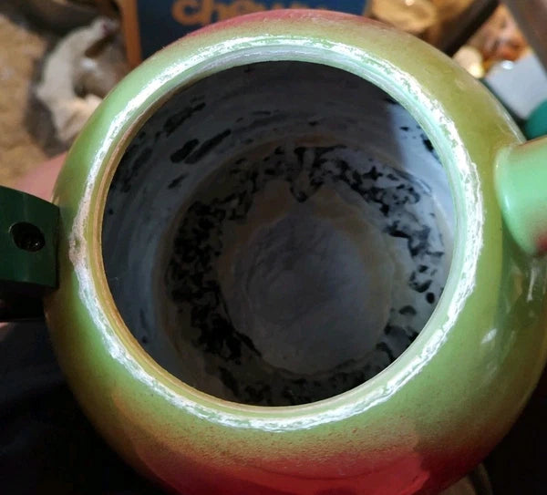 Vintage Retro 80's COPCO Red & Green Apple or Pear Enamel Teapot 2.5 Qt. Kettle