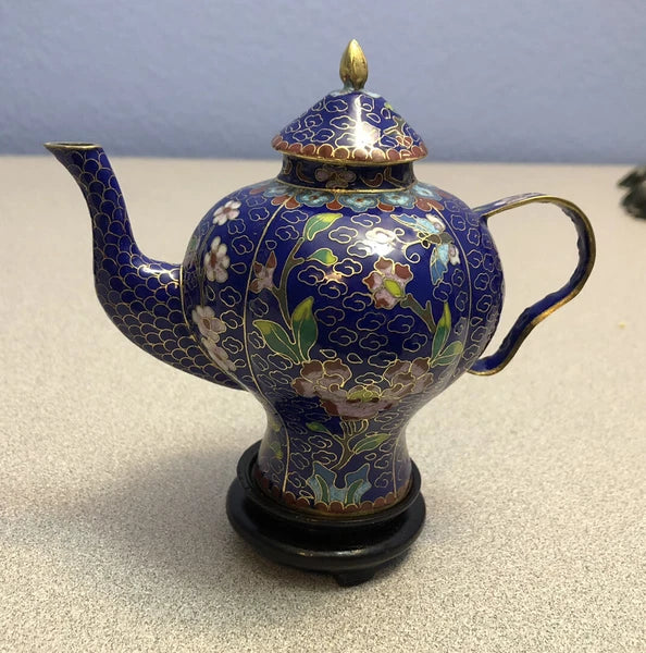 Vintage Cloisonne Enamel and Bronze Navy Blue Floral Teapot