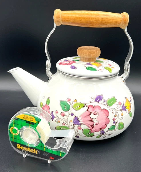 GAILSTYN SUTTON Vintage Enamel Ware Metal Teapot 1983 Floral Foliage II EUC