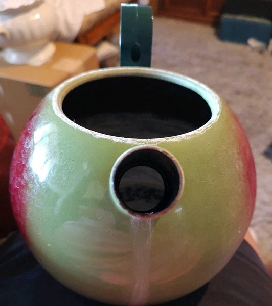 Vintage Retro 80's COPCO Red & Green Apple or Pear Enamel Teapot 2.5 Qt. Kettle