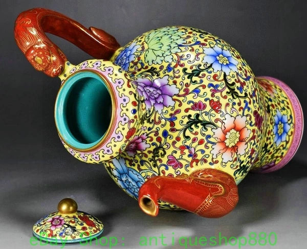 10.6" Yongzheng Enamel Colour Porcelain Gold Dragon Head Wine Tea Pot Flagon