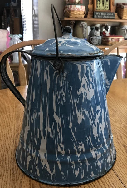 Vintage Antique Blue White Swirl Enamel Coffee Tea Pot Cowboy Kettle 11” Large