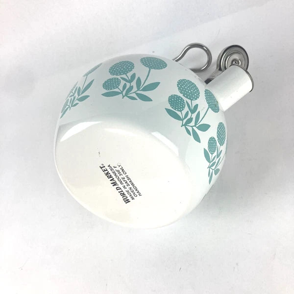 Vintage World Market Whistling Teapot Kettle w Dandelion Design White Blue Green