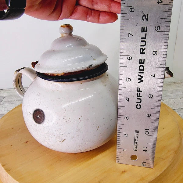 Vtg Enamelware Teapot Kettle Farmhouse Decor Rustic Kitchen White Primitive
