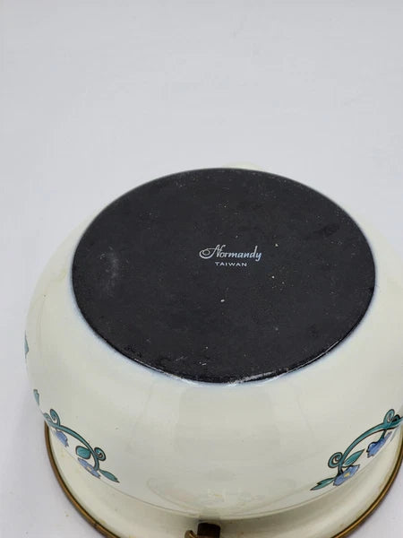 Vintage NORMANDY Enamel Metal Floral 8 Cup Teapot Tea Kettle Wood Handle 7 Inch