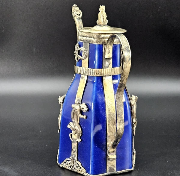Vintage Chinese Blue Enamel Dragon Ewer Teapot w/ Rat Finial