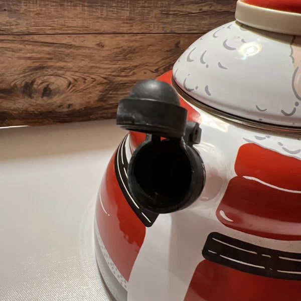 ROSHKO PORCELAIN Enamel on Steel Santa StoveTop Whistle Kettle Pot 3QT Christmas