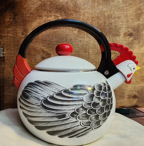 Kamenstein Chicken Rooster Whistling Kettle Tea Pot Vintage Enamel 1986 MINT!