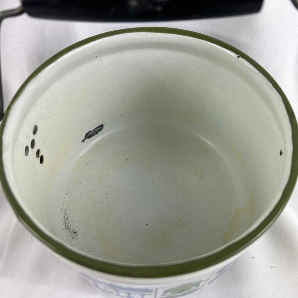 White Enamel Metal Tea Pot Kettle Wood Handle Blue Green Kitchen Retro