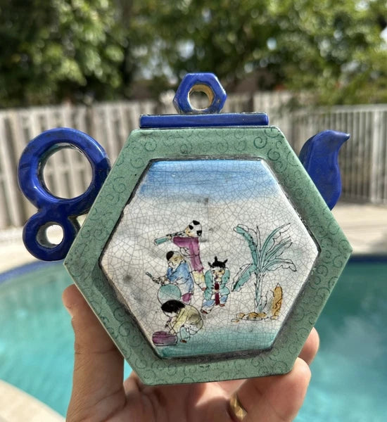 Chinese Enameled Yixing Pottery Teapot With Figures And Seal Mark
