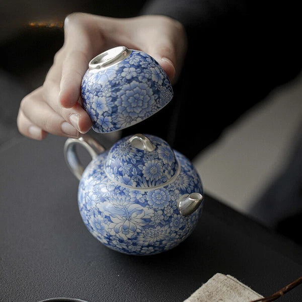 150ml Chiense Blue and White Teapot Enamel Colored Gilded Silver Pot Tea Maker