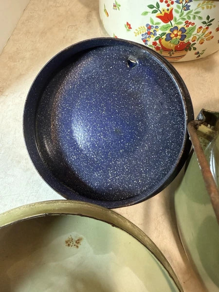 Lot of 3 Vintage MCM Retro Enamelware  Tea Kettle Pots