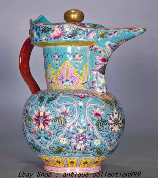 9.4" Yongzheng Enamel Colour Porcelain Gilt Lotus Flower Wine Tea Pot Flagon