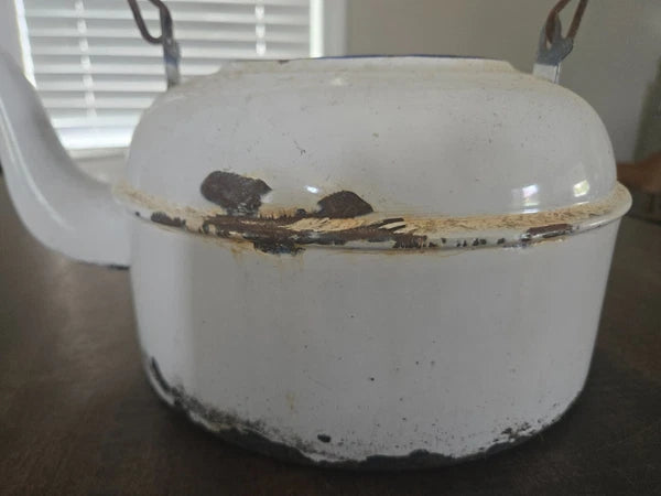 ENAMEL White Antique Tea Kettle Pot Wood Handle-No Lid