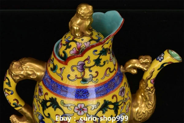 8" Qianlong Enamel Colour Porcelain Gilt Flower Beast Head Wine Tea Pot Flagon