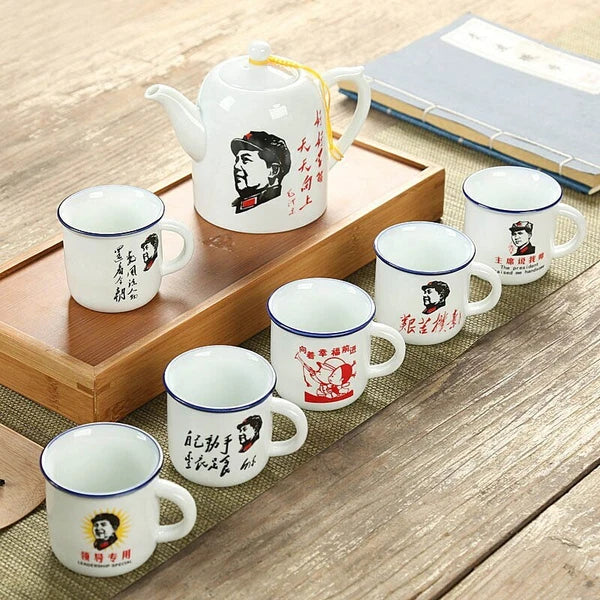 1 Pot 6cup Retro Imitation Enamel Teapot Cup Chairman Mao Pattern Drinkware