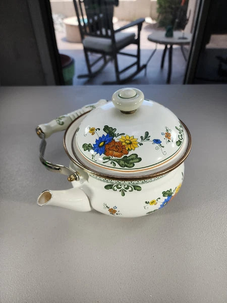 Vintage Enamelware Teapot Green Band Floral Flowers Metal & Ceramic Handle