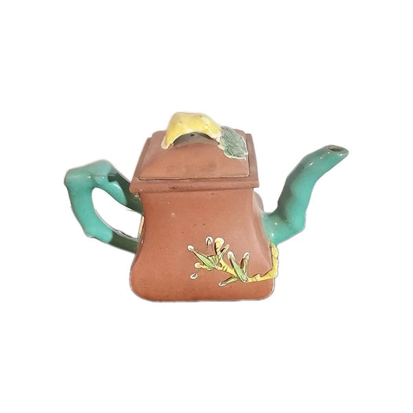 Antique Chinese Teapot Yixing Zisha Clay Pottery Bamboo Enamel Marked 5  7/8 x 7