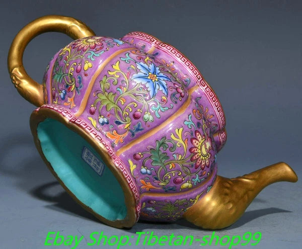 7'' Qianlong Marked Enamel Colour Porcelain Gold  Flower Wine Tea Pot Flagon