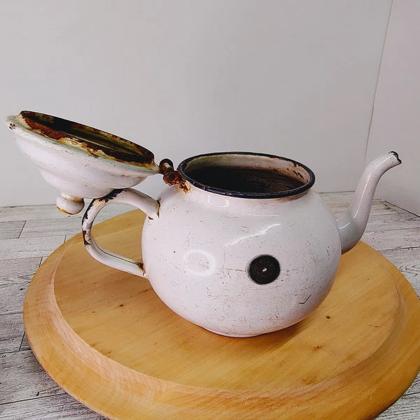 Vtg Enamelware Teapot Kettle Farmhouse Decor Rustic Kitchen White Primitive