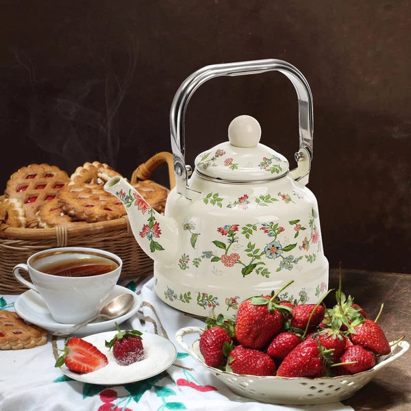 1.8 Quart Vintage Enamel Stovetop Tea Kettle, Retro Green Floral Enamel on St...