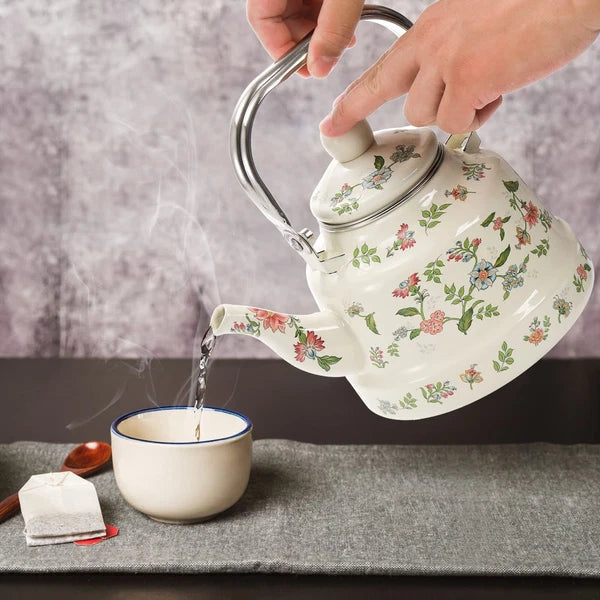 1.8 Quart Vintage Enamel Stovetop Tea Kettle, Retro Green Floral Enamel on St...