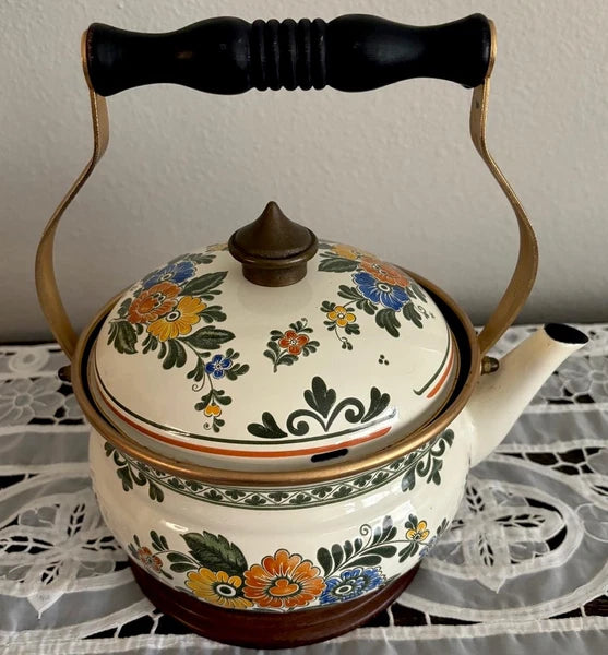 ASTA Enamelware Tea Kettle 1960s Amsterdam Teapot Brass Handles Floral 🌺