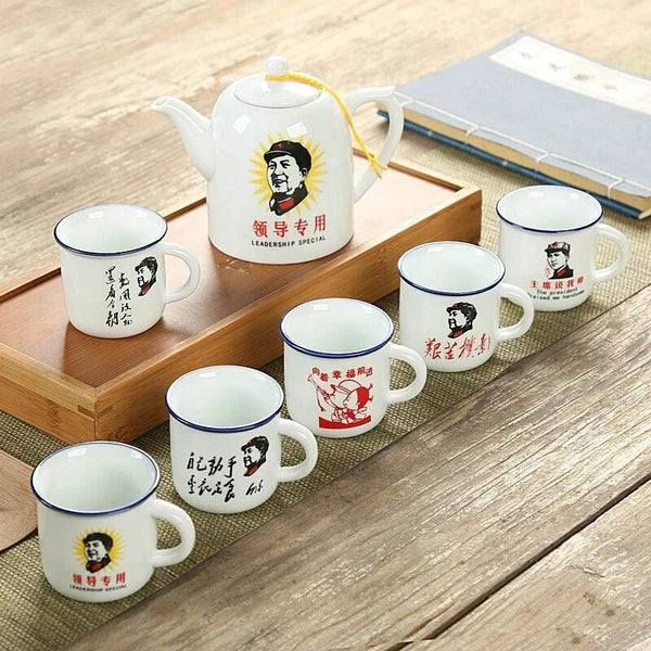 1 Pot 6cup Retro Imitation Enamel Teapot Cup Chairman Mao Pattern Drinkware