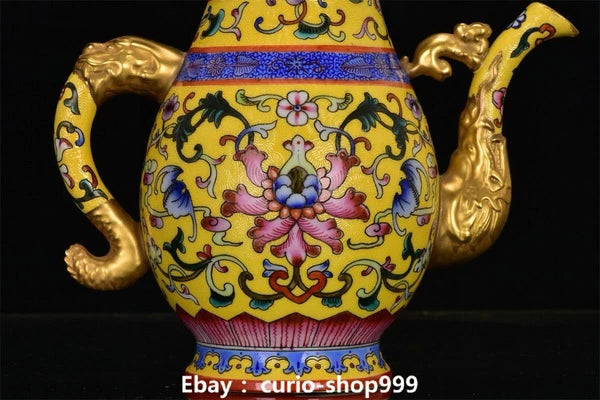 8" Qianlong Enamel Colour Porcelain Gilt Flower Beast Head Wine Tea Pot Flagon