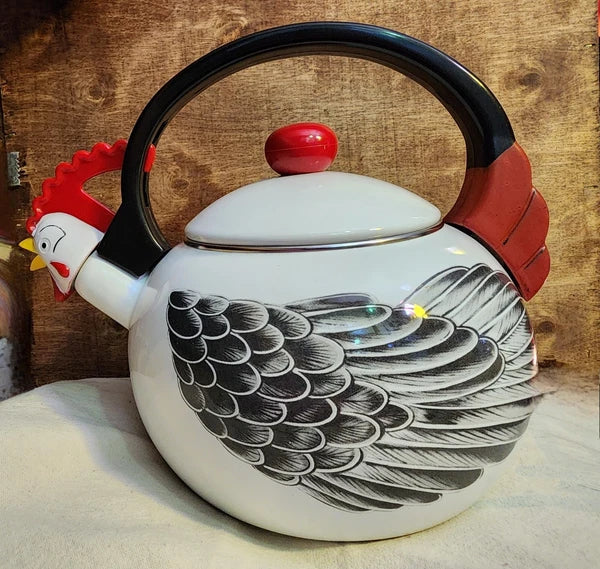 Kamenstein Chicken Rooster Whistling Kettle Tea Pot Vintage Enamel 1986 MINT!