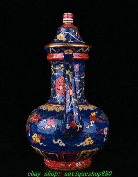 12.6''Ming Xuande Marked Enamel Colour Porcelain Dragon Wine Tea Pot Flagon