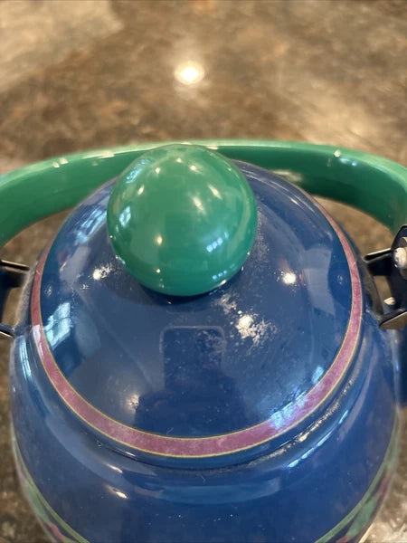 Phalzgraph Enamel Tea Pot 10" Tall 8" Diameter Blue with Green Diamonds