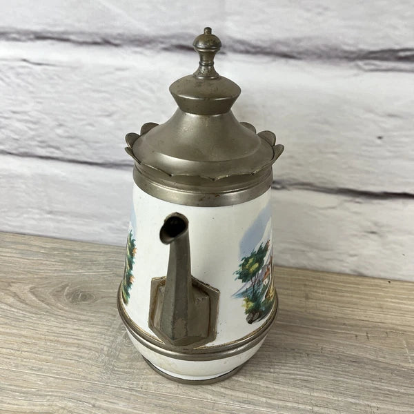 Victorian Pewter Enamelware Teapot & Tea Caddy Sugar Bowl Manning Bowman? Castle