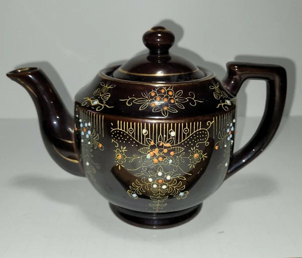 Vintage Moriage Style Teapot Redware Brown Raised Enamel Hand Painted Japan