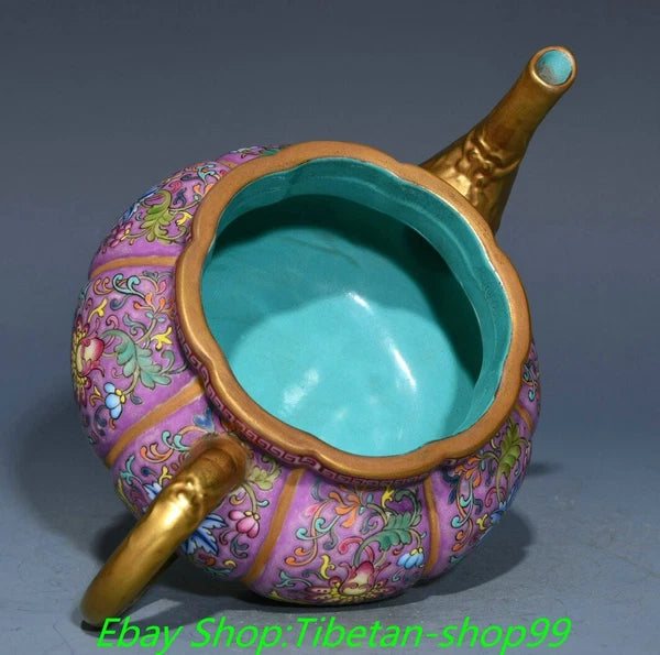 7'' Qianlong Marked Enamel Colour Porcelain Gold  Flower Wine Tea Pot Flagon