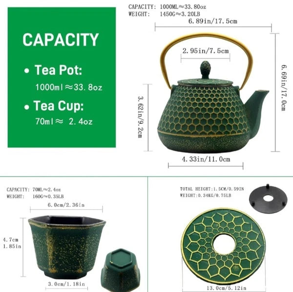 Cast Iron Tea Kettle Set 33.8oz Hexagon Pattern Teapot Set w cups green enamel