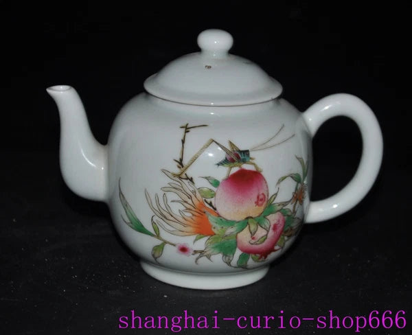 6"China Qing Yongzheng enamel porcelain shoutao Peach text Tea set Teapot statue