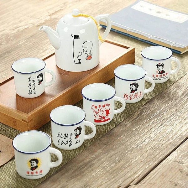 1 Pot 6cup Retro Imitation Enamel Teapot Cup Chairman Mao Pattern Drinkware