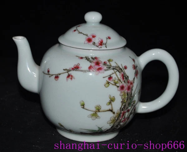 6.4"Qing Dynasty Qianlong enamel porcelain Plum blossom Tea set Teapot statue