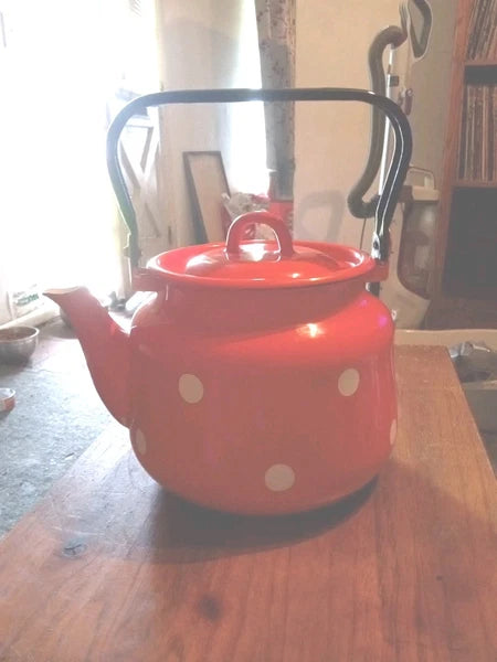 VINTAGE Soviet Enamelware Tea Kettle 3L Orange w White Dots