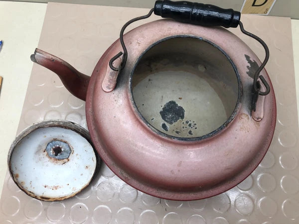 Vintage Enamelware? Tea Kettle Teapot with Wooden Handle