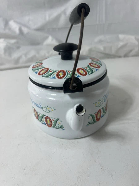 Swedish Folk ArtVINTAGE ENAMEL TEAPOT KETTLE ENAMELWARE script